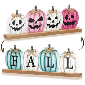 Reversible Pink Halloween Decor Double Sided Blue Fall Pumpkin Wooden Table Sign Pastel Halloween and Thanksgiving Tabletop Decor Vintage Pink Pumpkin Block Signs for Home Shelf Decor