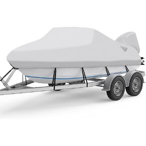 14 Boat Cover,Upgraded 1200D Waterproof Boat Cover 14-16 ft for Boat with Outboard Motor Cover and Windproof Strap, Heavy Duty Marine Grade Polyester 15 Boat Cover, Gray