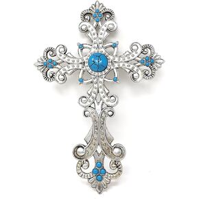 BestGiftEver Wall Cross with Turquoise Faux Gem, Silver Tone Scroll - Spiritual Jesus Wall Hanging, Decorative Cross Wall Art, Christian Home Decor, Religious Wall Decor, Jesus Wall Art