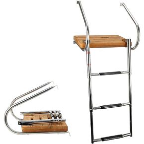 Stainless Steel 3 Step in-Board Outboard Transom Teak Platform with 2 Handrail Marine Telescoping Boat Ladder with Teak Swim Platform Collapsible Step Ladder for Swimming Pool Pontoon Dock