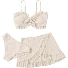 SHENHE Girl's 3 Piece Cute High Waisted Ruffle Trim Swimsuit Bikini Sets with Beach Skirt