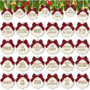 Soaoo 50 Pcs Names of Jesus Wood Ornaments for Crafts Christmas Wooden Christmas Ornaments Names of Jesus Christmas Ornaments with Red Buffalo Plaid Bows Decor (Classic Color)