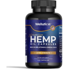 WELLUTION Hemp Oil Capsules with Ashwaganda and Melatonin - Rich in Omega 3-6-9 - Supports Healthy Sleep, Stress, & Mood - Feel Refreshed - Made in USA - 120 Count