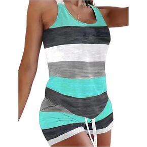 CHUNTIANRAN Color Block Striped 2 Piece Sets Womens Summer Shorts & Tank Tops Sets Casual Lounge Outfits Tracksuit Sets