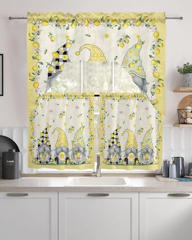 Summer Gnomes Lemon Swag Kitchen Curtain Sets with Valance,3 Pieces Rod Pocket Curtain Drapes for Bedroom Bathroom Cafe Windows,Spring Yellow Black White Plaid 56''x36''&36''x27.5''x2Panels in Kuwait