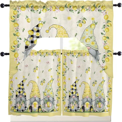 Summer Gnomes Lemon Swag Kitchen Curtain Sets with Valance,3 Pieces Rod Pocket Curtain Drapes for Bedroom Bathroom Cafe Windows,Spring Yellow Black White Plaid 56''x36''&36''x27.5''x2Panels in Kuwait