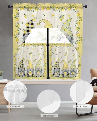 Summer Gnomes Lemon Swag Kitchen Curtain Sets with Valance,3 Pieces Rod Pocket Curtain Drapes for Bedroom Bathroom Cafe Windows,Spring Yellow Black White Plaid 56''x36''&36''x27.5''x2Panels in Kuwait