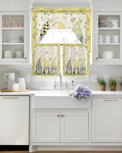 Summer Gnomes Lemon Swag Kitchen Curtain Sets with Valance,3 Pieces Rod Pocket Curtain Drapes for Bedroom Bathroom Cafe Windows,Spring Yellow Black White Plaid 56''x36''&36''x27.5''x2Panels in Kuwait
