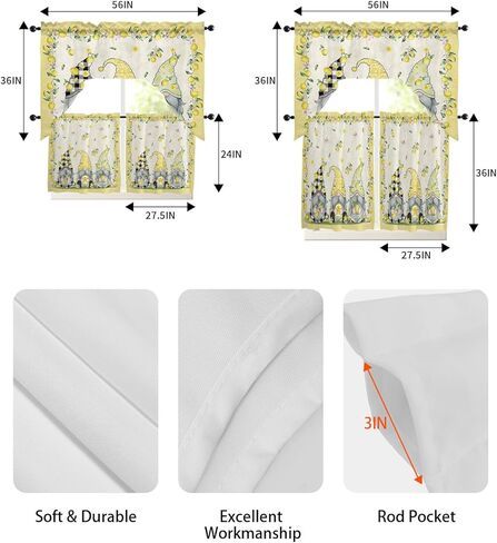 Summer Gnomes Lemon Swag Kitchen Curtain Sets with Valance,3 Pieces Rod Pocket Curtain Drapes for Bedroom Bathroom Cafe Windows,Spring Yellow Black White Plaid 56''x36''&36''x27.5''x2Panels in Kuwait