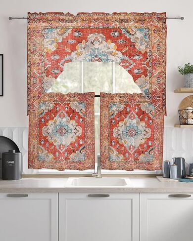 مجموعات ستائر المطبخ الشرقية بوهو غنيمة مع الستارة، 3 قطع ستائر جيب قضيب لغرفة النوم والحمام والمقهى ونوافذ عتيقة مطبوعة باللون الأحمر القبلي المتعدد 56 بوصة × 36 بوصة و36 بوصة × 27.5 بوصة × 2 لوح in Kuwait