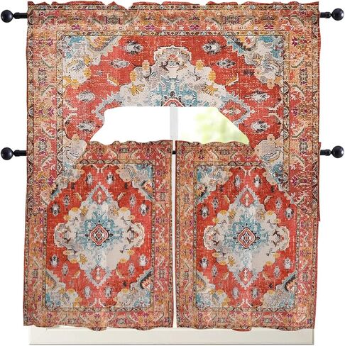 مجموعات ستائر المطبخ الشرقية بوهو غنيمة مع الستارة، 3 قطع ستائر جيب قضيب لغرفة النوم والحمام والمقهى ونوافذ عتيقة مطبوعة باللون الأحمر القبلي المتعدد 56 بوصة × 36 بوصة و36 بوصة × 27.5 بوصة × 2 لوح in Kuwait