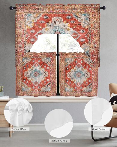 مجموعات ستائر المطبخ الشرقية بوهو غنيمة مع الستارة، 3 قطع ستائر جيب قضيب لغرفة النوم والحمام والمقهى ونوافذ عتيقة مطبوعة باللون الأحمر القبلي المتعدد 56 بوصة × 36 بوصة و36 بوصة × 27.5 بوصة × 2 لوح in Kuwait