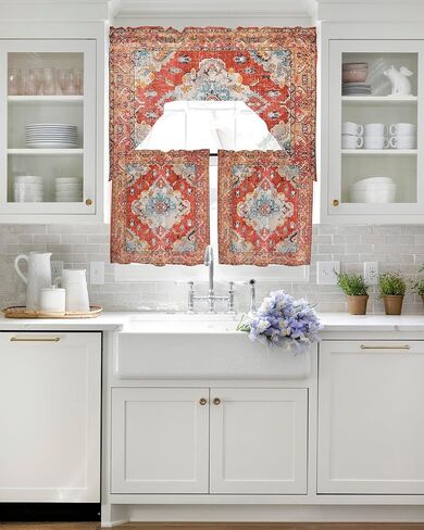 مجموعات ستائر المطبخ الشرقية بوهو غنيمة مع الستارة، 3 قطع ستائر جيب قضيب لغرفة النوم والحمام والمقهى ونوافذ عتيقة مطبوعة باللون الأحمر القبلي المتعدد 56 بوصة × 36 بوصة و36 بوصة × 27.5 بوصة × 2 لوح in Kuwait