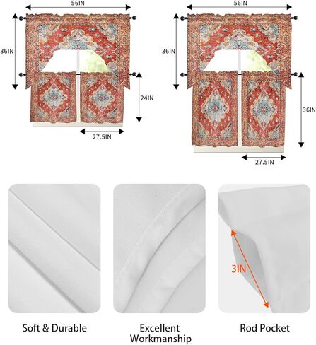 مجموعات ستائر المطبخ الشرقية بوهو غنيمة مع الستارة، 3 قطع ستائر جيب قضيب لغرفة النوم والحمام والمقهى ونوافذ عتيقة مطبوعة باللون الأحمر القبلي المتعدد 56 بوصة × 36 بوصة و36 بوصة × 27.5 بوصة × 2 لوح in Kuwait