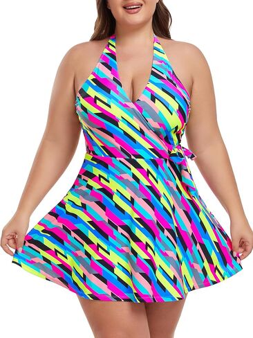Ocean Blues Women's V-Neck One Piece Swimdress Halter Wrap Swimsuit Tummy Control One Piece Skirt Bathing Suit in Saudi Arabia