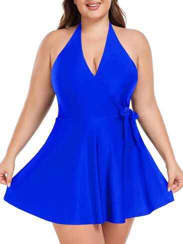 Ocean Blues Women's V-Neck One Piece Swimdress Halter Wrap Swimsuit Tummy Control One Piece Skirt Bathing Suit in Saudi Arabia