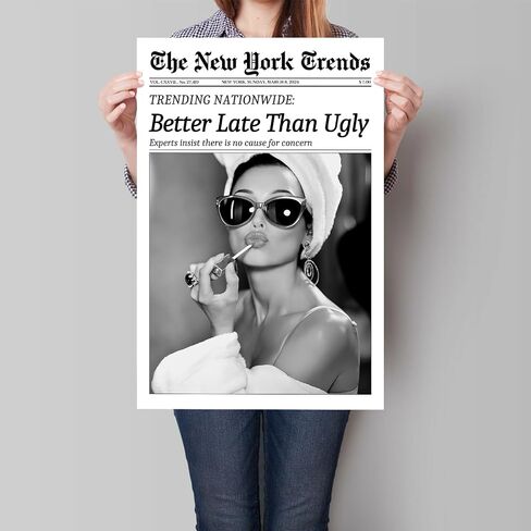 Osdfem Trendy Black and White Canvas Wall Art, Funky Girl Aesthetic Preppy Poster, Better Late Than Ugly Poster, Women Newspaper Art Print, Girls Dorm Apartment Picture 12x16in Unframed in Saudi Arabia