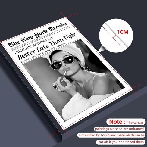 Osdfem Trendy Black and White Canvas Wall Art, Funky Girl Aesthetic Preppy Poster, Better Late Than Ugly Poster, Women Newspaper Art Print, Girls Dorm Apartment Picture 12x16in Unframed in Saudi Arabia