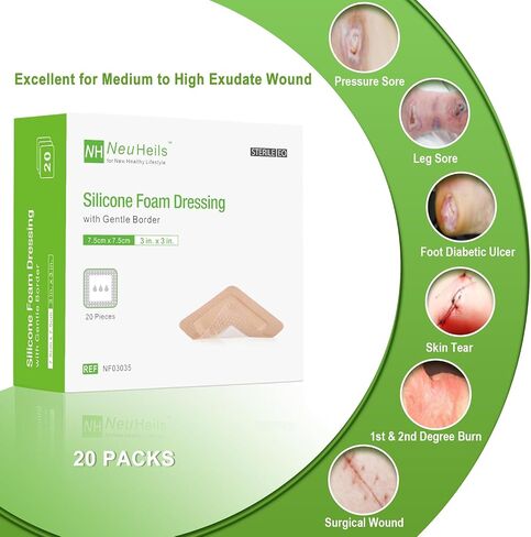 NeuHeils Silicone Foam Dressing Border Lite 2"x2", Pad 1"x1", 20 Pack in Kuwait