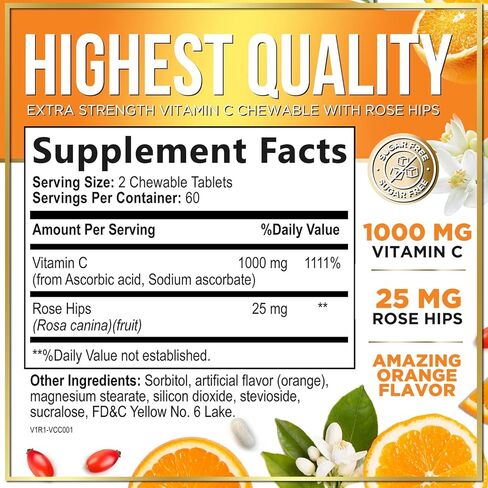 Hello Lovely! Extra Strength Vitamin C 1000 mg, with Rose HIPS Bioflavonoids, Dietary Supplement for Immune Support & Antioxidant Protection, Sugar Free, Non-GMO VIT C Capsules - 120 Chewable Tablets in Saudi Arabia