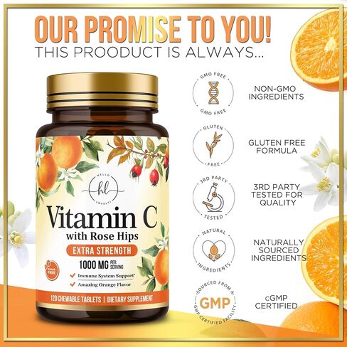 Hello Lovely! Extra Strength Vitamin C 1000 mg, with Rose HIPS Bioflavonoids, Dietary Supplement for Immune Support & Antioxidant Protection, Sugar Free, Non-GMO VIT C Capsules - 120 Chewable Tablets in Saudi Arabia