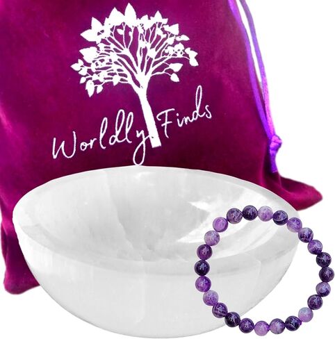 Selenite Charging Bowl & Amethyst Crystal Bracelet Gift Set - Polished Thickly Hand-Carved, Moroccan Crystal Holder to Charge, Cleanse Crystals, Smudging Bowl, Spiritual Gifts Set (Amethyst) in Kuwait
