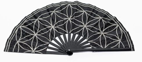 Large Glitter Flower of Life Folding Clack Hand Fan with HOLSTER for Women/Men Rave, EDM, Festival, Drag, Clubs, Bachelorette Parties (Black/Gold Glitter) in Kuwait