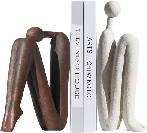 Decorative Bookends for Shelves, Unique Book Ends for Home Office Decor, Meditation Girl Statue Book Stopper for Bookshelf Decor, Modern Abstract Aesthetic Decoration White & Brown in Saudi Arabia