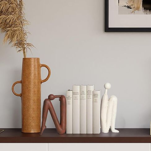Decorative Bookends for Shelves, Unique Book Ends for Home Office Decor, Meditation Girl Statue Book Stopper for Bookshelf Decor, Modern Abstract Aesthetic Decoration White & Brown in Saudi Arabia
