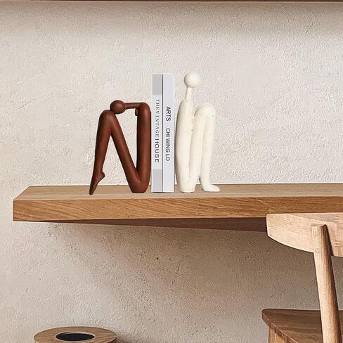 Decorative Bookends for Shelves, Unique Book Ends for Home Office Decor, Meditation Girl Statue Book Stopper for Bookshelf Decor, Modern Abstract Aesthetic Decoration White & Brown in Saudi Arabia