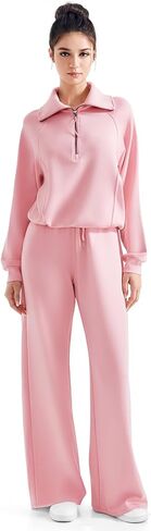 SUUKSESS Women 2 Piece Lounge Matching Set Wide Leg Sweatpant Half Zip Sweatshirt in Kuwait