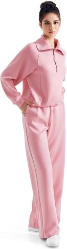 SUUKSESS Women 2 Piece Lounge Matching Set Wide Leg Sweatpant Half Zip Sweatshirt in Kuwait