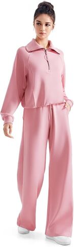 SUUKSESS Women 2 Piece Lounge Matching Set Wide Leg Sweatpant Half Zip Sweatshirt in Kuwait