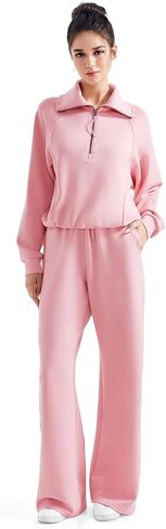 SUUKSESS Women 2 Piece Lounge Matching Set Wide Leg Sweatpant Half Zip Sweatshirt in Kuwait