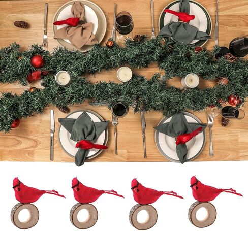 حلقات منديل عيد الميلاد مجموعة من 4 مناديل خشبية الخريف حلقة ريشة حمراء الطيور الخشب مأدبة عطلة ديكور للطاولات ديكورات الكاردينال in Kuwait
