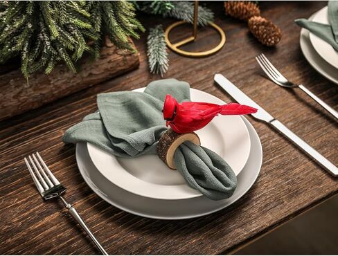 حلقات منديل عيد الميلاد مجموعة من 4 مناديل خشبية الخريف حلقة ريشة حمراء الطيور الخشب مأدبة عطلة ديكور للطاولات ديكورات الكاردينال in Kuwait