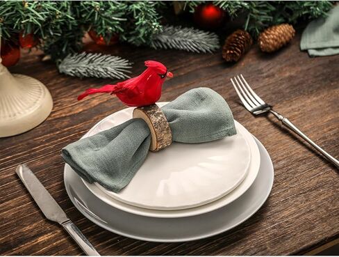 حلقات منديل عيد الميلاد مجموعة من 4 مناديل خشبية الخريف حلقة ريشة حمراء الطيور الخشب مأدبة عطلة ديكور للطاولات ديكورات الكاردينال in Kuwait