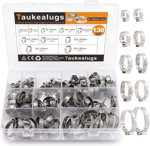 125PCS 7-21mm Single Ear Hose Clamps 304 Stainless Steel Wire Tube Pipe Fuel Line Clip Assortment kit with Ear Clamp Pincer in Saudi Arabia
