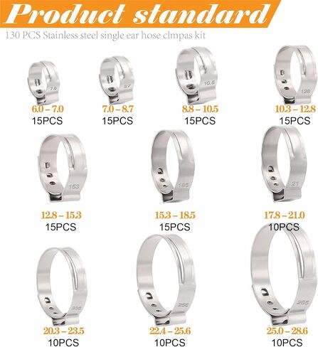 125PCS 7-21mm Single Ear Hose Clamps 304 Stainless Steel Wire Tube Pipe Fuel Line Clip Assortment kit with Ear Clamp Pincer in Saudi Arabia
