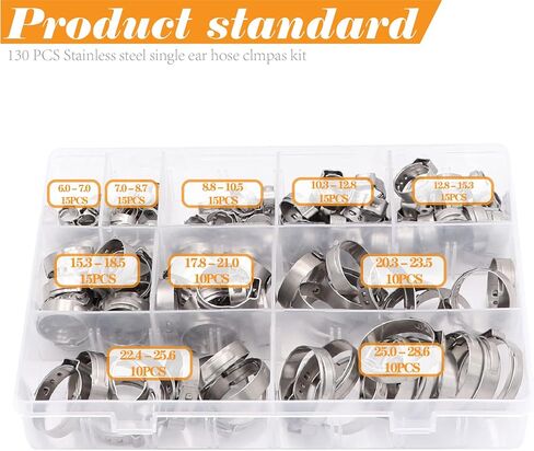 125PCS 7-21mm Single Ear Hose Clamps 304 Stainless Steel Wire Tube Pipe Fuel Line Clip Assortment kit with Ear Clamp Pincer in Saudi Arabia