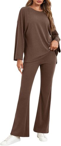 Tankaneo Womens Sets 2 Piece Outfits Long Sleeve Shirts and Flare Pants Travel Airport Matching Lounge Sets in Saudi Arabia