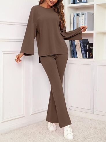 Tankaneo Womens Sets 2 Piece Outfits Long Sleeve Shirts and Flare Pants Travel Airport Matching Lounge Sets in Saudi Arabia