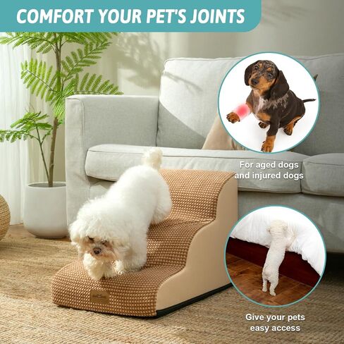 Cozy Kiss High Density Foam Dog Stairs Step Ramp for Dogs Cats 4 Tiers Pet Stairs Step Ramp for Beds Furniture Durable Non-Slip Dog Ramp for Bed with Waterproof Fabric Cover Light Brown (Four Steps) in Saudi Arabia