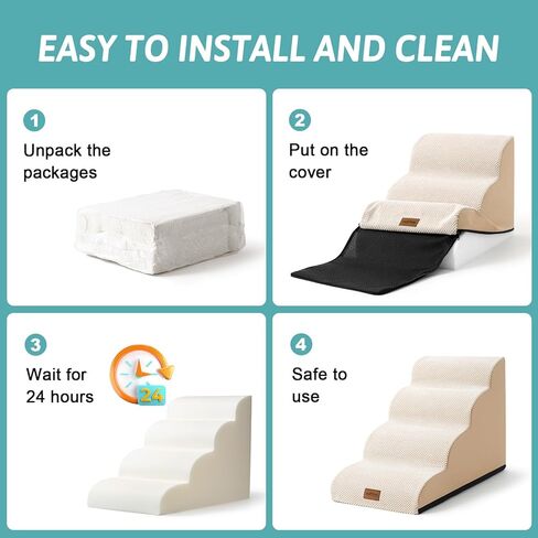 قبلة مريحة عالية الكثافة رغوة سلالم الكلاب منحدر للكلاب والقطط 4 طبقات سلالم الحيوانات الأليفة منحدر خطوة للأسرة الأثاث دائم عدم الانزلاق الكلب منحدر للسرير مع غطاء قماش مقاوم للماء بني فاتح (أربع خطوات) in Kuwait