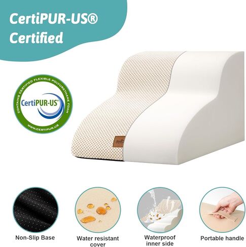 قبلة مريحة عالية الكثافة رغوة سلالم الكلاب منحدر للكلاب والقطط 4 طبقات سلالم الحيوانات الأليفة منحدر خطوة للأسرة الأثاث دائم عدم الانزلاق الكلب منحدر للسرير مع غطاء قماش مقاوم للماء بني فاتح (أربع خطوات) in Kuwait