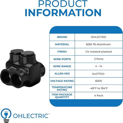 OHLECTRIC Black Insulated Connector - Dual Entry, 2 Port, 4-14 AWG, Slotted Allen Hex - Pre-Filled with Oxide Inhibitor for Easy Use - Rubber Vinyl Coating, 6061-T6 Aluminum CU9AL - (4 Pack) OL-76671 in Saudi Arabia