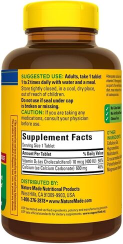 Toeah Nature Made Calcium 600 mg with Vitamin D3, Dietary Supplement for Bone Support, 220 Tablets+GabrenzPill Organizer in Saudi Arabia