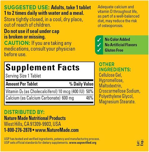 Toeah Nature Made Calcium 600 mg with Vitamin D3, Dietary Supplement for Bone Support, 220 Tablets+GabrenzPill Organizer in Saudi Arabia