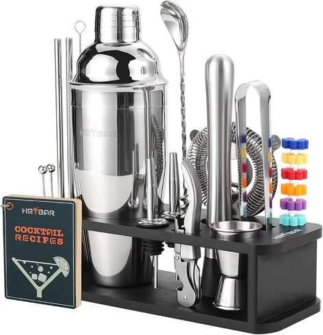22-pc Cocktail Shaker Set(24oz/700ml) | Mixology Bartender Kit | Bar Set | Bar Tool Set | Martini Making Set with 39-Recipe Cocktail Cards & Kit's Deco, Bamboo Stand Black Color, Silver Tools in Saudi Arabia