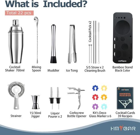 22-pc Cocktail Shaker Set(24oz/700ml) | Mixology Bartender Kit | Bar Set | Bar Tool Set | Martini Making Set with 39-Recipe Cocktail Cards & Kit's Deco, Bamboo Stand Black Color, Silver Tools in Saudi Arabia